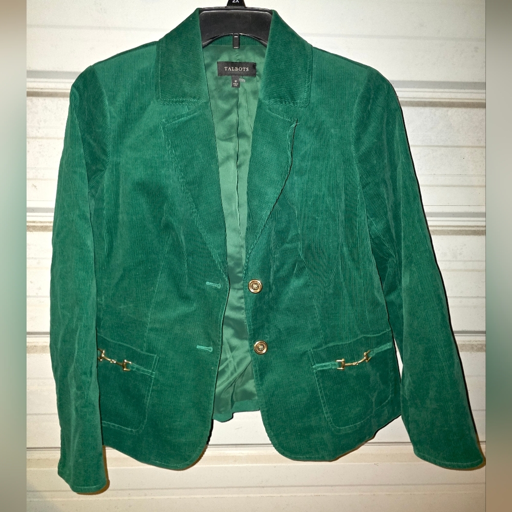 Talbots Emerald Green Corduroy Blazer with Gold Hardware Size 10 Womens